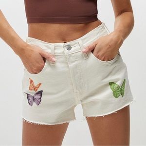 Levi 501 Denim Shorts 24” Cream Butterfly 🦋 Print High Rise Button Raw Edge